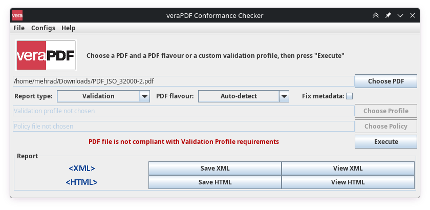 A screenshot of the graphical window of veraPDF after testing the negative test file
